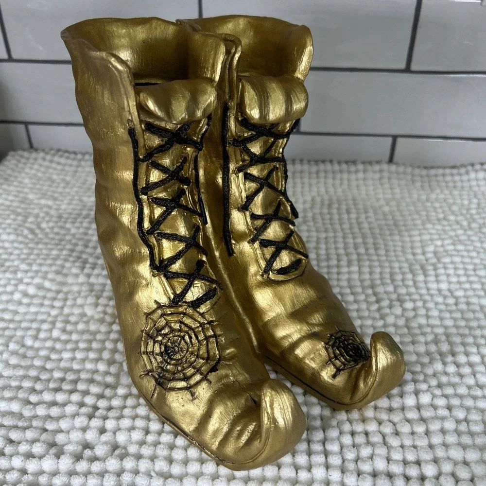 Halloween Witch Boots Decoration Wicked Witch Gold-tone Spiders 7.5 inches